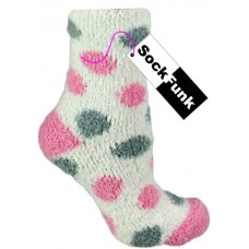 Fluffy Bed Socks White with Pink and Grey Spots